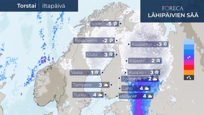 Pohjoisessa tulee lumisateita 5. maaliskuuta 2020.